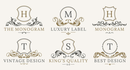 Retro Royal Vintage Shields Logotype set. Vector calligraphyc Luxury logo design elements. Business signs, logos, identity, spa, hotels, badges