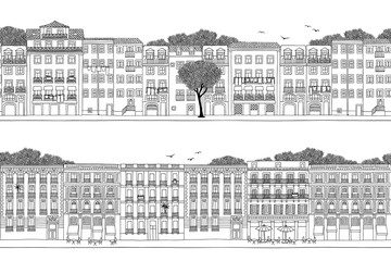 Fototapeta na wymiar Two hand drawn seamless city banners - Spanish and Portuguese style houses