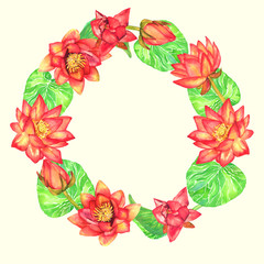 Circle frame greeting card design of red lotus flowers on soft yellow background, hand painted watercolor illustration