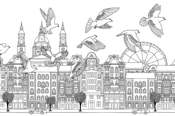 Birds over Budapest - hand drawn black and white illustration of the city with a flock of pigeons