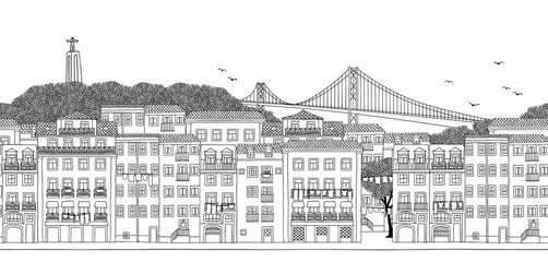 Lisbon, Portugal - Seamless banner of the city’s skyline, hand drawn black and white illustration