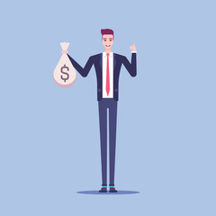 Smiling businessman stands with a full bag of money and shows thumb up vector flat illustration. Man in suit hold sack of money in his hand.