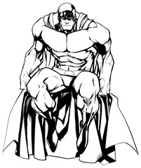 Full length line art  illustration of powerful superhero sitting on the edge of a roof or on a wall, isolated on white background.
