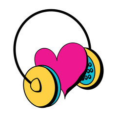 headphones with heart icon over white background, pop art style, colorful design. vector illustration