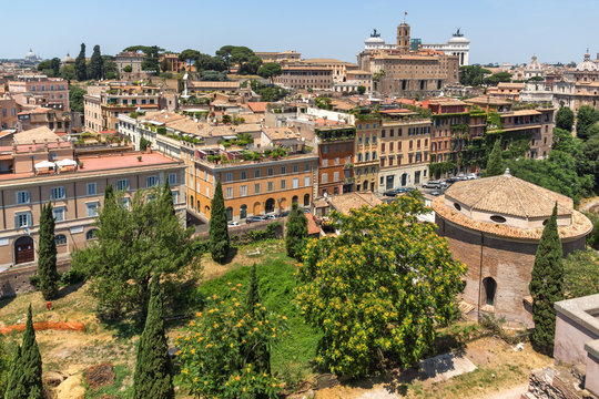 Panoramic view from Palatine Hill to city of Rome, Italy