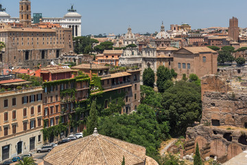 Fototapeta na wymiar Panoramic view from Palatine Hill to city of Rome, Italy