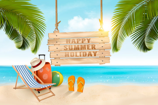 Summer vacation concept background.  Travel items on the beach. Vector.