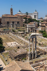 Naklejka premium Panoramic view from Palatine Hill to ruins of Roman Forum in city of Rome, Italy