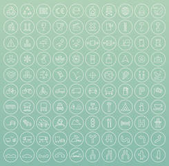 Set of 100 High Quality Standard Universal Minimal Packaging and Traffic White Icons on Circular Buttons on Color Background . Isolated Vector Elements