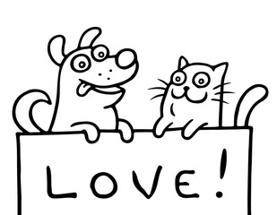 Cat and dog are holding a banner with the inscription love. Vector illustration