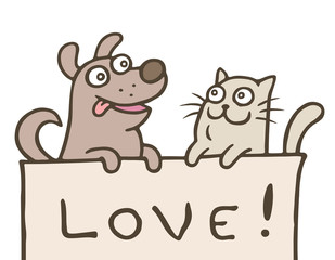 Funny cat with a dog is shown with the inscription love. Vector illustration