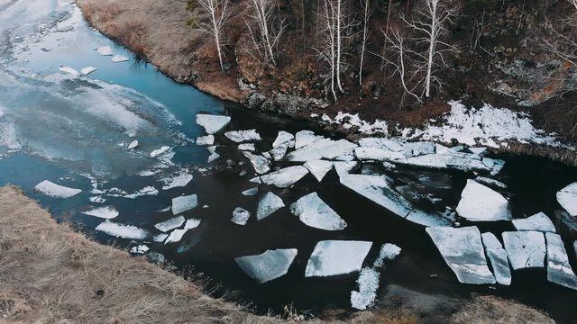 Aero shot. Huge pieces of ice on the river during the ice debacle