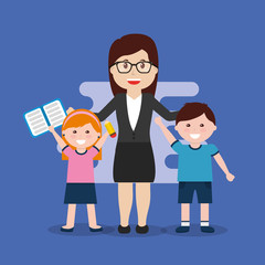 teacher and happy pupils with book vector illustration