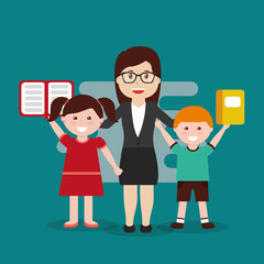 teacher and happy pupils and book notebook vector illustration