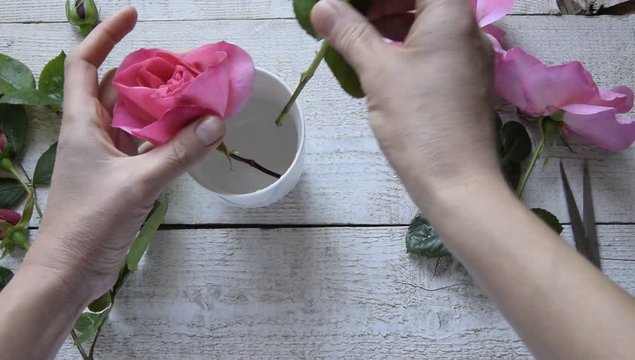 Top view of female decorator arranging roses on the wooden table, Concepts - fiorist, occupation, hobby, small business