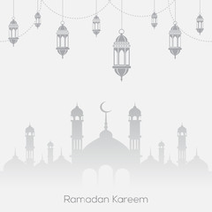 Ramadan Kareem greeting card with mosque and arabic ornament. Vector.