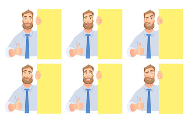 Businessman holding blank signboard set