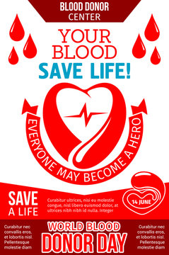 Blood donation banner with heart, drop and ribbon