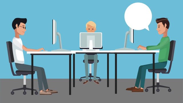 Young workers speaking at office with computers High definition colorful scenes