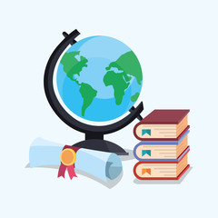 geography tool with stack of books and diploma over blue background, colorful design. vector illustration