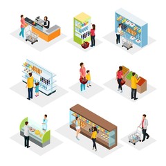 Isometric People In Grocery Shop Set