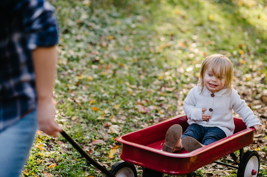 Child Being Pulled In Wagon On Autumn Day