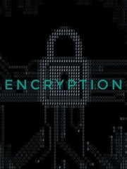 Encryption in a minimalist green typeface over a padlock and circuit board formed with digits/code/ascii/script
