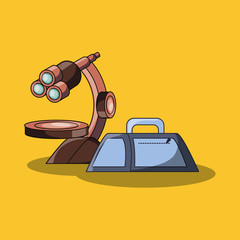 microscope tool and pencil case over yellow background, colorful design. vector illustration