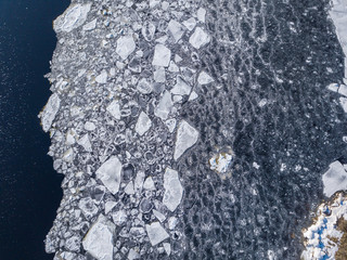 Aerial view of the ice texture broken into pieces of different shapes and sizes 