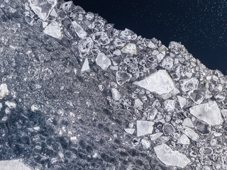 Aerial view of the ice texture broken into pieces of different shapes and sizes 