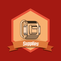 school supplies emblem with school backpack icon over red background, colorful design. vector illustration