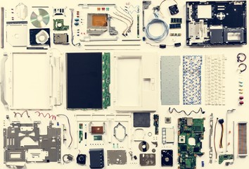 Computer hardware parts flat lay isolated on white