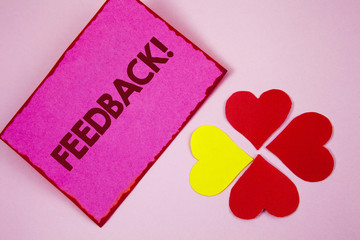 Word writing text Feedback Motivational Call. Business concept for Rating an economical local grocery store written on Sticky note paper on plain Pink background Paper Hearts next to it.