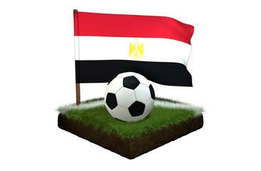 Ball for playing football and national flag of Egypt on field with grass