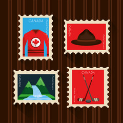 happy canada day set postage stamp national symbols vector illustration