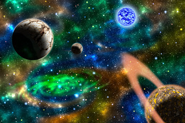 Fototapeta na wymiar Green galaxy background with planets and nebula