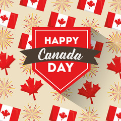 happy canada day badge ribbon flags and maple leaves background vector illustration