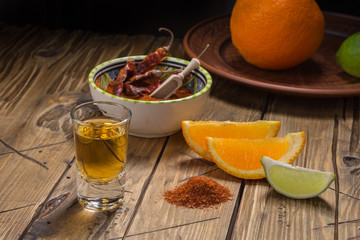 Mezcal - traditional Mexican drink with orange and lime slices, chili papper and worm salt on a old wooden table.