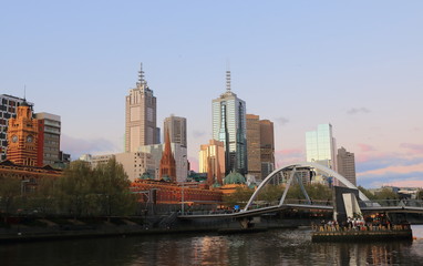 Naklejka premium Melbourne waterfront cityscape sunset Australia