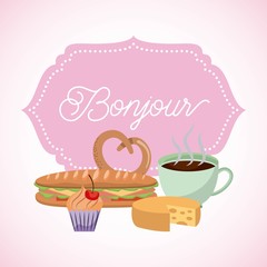 france paris card coffee pretzel sandwich cupcake bonjour vector illustration © Gstudio