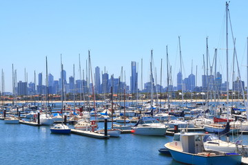 Fototapeta na wymiar Melbourne cityscape over St Kilda harbor Australia 