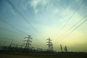 Pylon, high-voltage tower sky background.