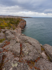 A scenic view of rocky North Shore of Lake Superior in late fall. - 201958556