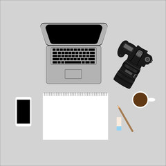 White office photography desk table with laptop, tablet, camera . Top view with copy space.Vector illustration