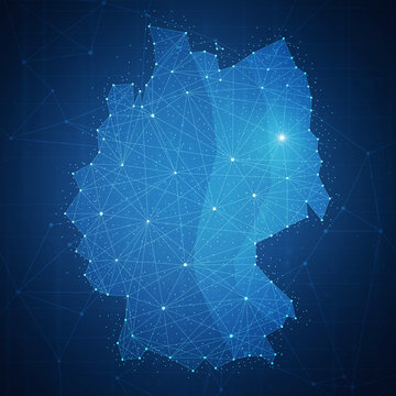 Polygon Germany map with blockchain technology peer to peer network on futuristic hud background. Network, p2p business, commerce, bitcoin trading and cryptocurrency blockchain business banner concept