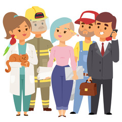 People different professions vector illustration. Success teamwork diversity human work lifestyle. Standing successful young professions person character in uniform