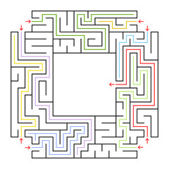 A square labyrinth. Choose the right path to get into the center of the maze. Simple flat vector isolated illustration. With a place for your drawings. With the answer.