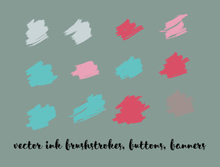 Ink Paint Vector Painted Backgrounds. Bright Colored Brushstrokes, Nice Textures Set. Artistic Colorful Button Collection. Grunge Dirty Vector Painted Backgrounds. Paintbrush Smeared Borders.