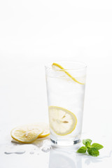 glass of lemon sparkling water.