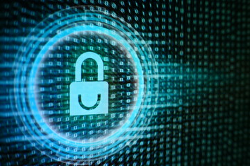 Data privacy information security in social cyber age. Blue Padlock icon, circle light energy surrounding, on blue green binary code bit flowing movement in the background. 